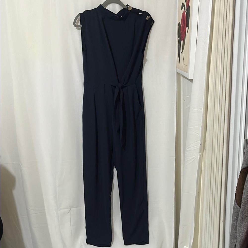 Zara Used Dark Blue High Collar Open Back Jumpsuit a301